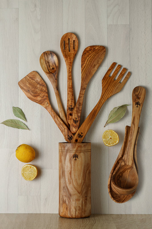 Ensemble d'ustensiles de cuisine en bois d'olive naturel, 8 pièces